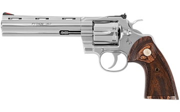 Picture of Colt's Manufacturing Python, Revolver, Double/Single Action Only, 357 Magnum, 6" Barrel, Steel, Stainless Finish, Walnut Grips, Red Ramp Front/Adjustable Rear Sight, 6 Rounds PYTHON-SP6WTS PYTHONSP6WTS
