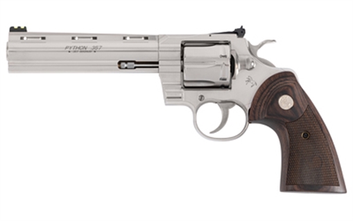 Picture of Colt Mfg PYTHONSP6WFTG Python Target 357 Mag 38 Special 6 Shot 6" Stainless Recessed Target Vent Rib Barrel, Cylinder & Frame, Walnut w/Medallion Grip, Exposed Hammer PYTHONSP6WFTG PYTHON-SP6WFT-G