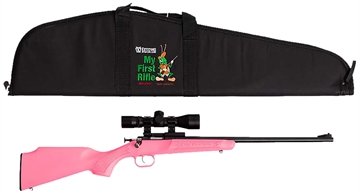Picture of Keystone Sporting Arms Crickett, Generation 2, Bolt Action Rifle, Single Shot, Compact, 22 LR, 16.125" Barrel, Matte Blued Finish, Pink Synthetic Stock, Adjustable Sights, Includes 4X32 Scope/Scope Base/Soft Case, Right Hand KSA2220BSC