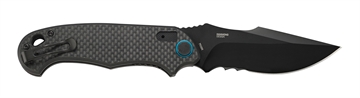 Picture of CRKT P.S.D. 3.63" Folding Recurve Veff Serrated Black EDP 4116 Stainless Steel Blade/ Black w/Blue Backspacer G10/Carbon Fiber Handle Includes Pocket Clip 7920K