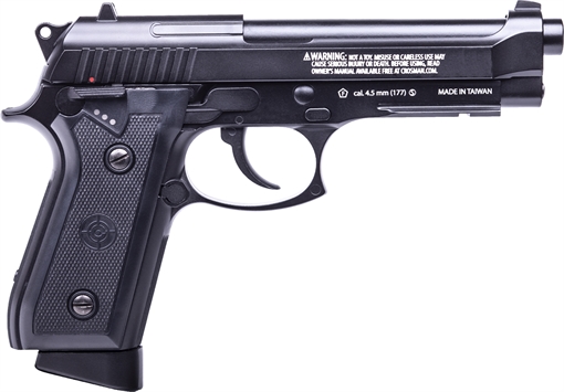 Picture of Crosman Full Auto Air Pistol CO2 177 BB 20rd Smooth Bore Brass Barrel, Blow Back Action, Fixed Front/Notched Rear Sights, Full Metal Frame, Black Polymer Grips, Selector Safety PFAM9B