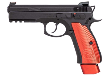 Picture of CZ 75 SP-01 COMPETITION HGA 9MM 4.6 IN BBL BLK FO FRONT SERRATED COMP REAR SIGHT RED GRIP 3/21RD 91206