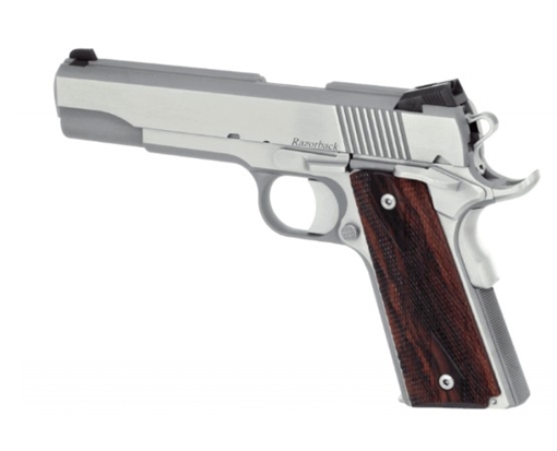 Picture of Dan Wesson Razorback 10mm Auto Caliber with 5" Match Grade Barrel, 8+1 Capacity, Overall Stainless Steel Finish, Beavertail Frame, Serrated Brushed Slide & Cocobolo Grip 01889