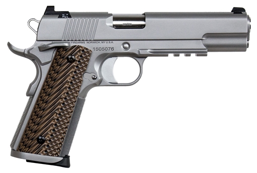Picture of Dan Wesson Specialist 9mm Luger 10+1 5" Stainless Steel Barrel, Bead Blasted Serrated Stainless Steel Slide & Frame w/Beavertail & Picatinny Rail, Black/Brown G10 Grip, Ambidextrous 01807