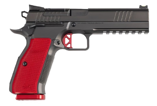 Picture of Dan Wesson DWX, Single Action Only, Semi-automatic, Metal Frame Pistol, Full Size, 9MM, 4.95" Match Grade Barrel, DLC Finish, Black, Aluminum Grips, Red, Optics Ready Slide, Ambidextrous Safety, Fiber Front & Adjustable Rear Sights, Flat K Style Trigger, 10 Rounds, 1 Magazines 92013