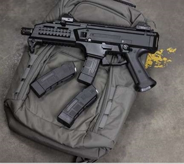 Picture of CZ SCORPION EVO 3 S1 HGA 9MM 7.75 BBL 1/2X28 FLASH CAN BLK 3/20RD MAGS W BACKPACK 91342