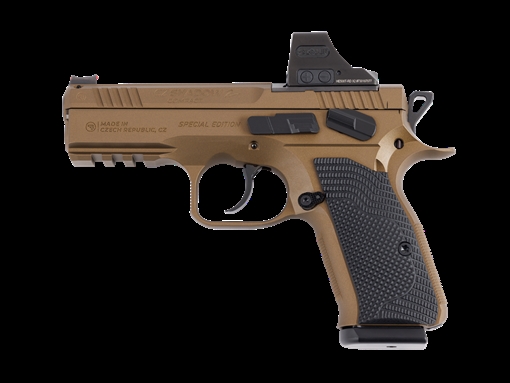 Picture of CZ Shadow 2 Compact, TALO Exclusive, Double Action/Single Action, Semi-automatic, Metal Frame Pistol, 9MM, Cerakote Finish, Burnt Bronze, Black G-10 Grips, Manual Safety, Optics Cut Slide, Red Fiber Optic Front Sight, 15 Rounds, 2 Magazines, Includes Mounted Holosun 508T X2 86155