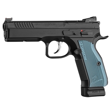 Picture of CZ Shadow 2, Double Action/Single Action, Semi-automatic, Metal Frame Pistol, Full Size, 9MM, 4.89" Barrel, Steel, Black, Blue Aluminum Grips, Fiber Optic Front and Black Serrated Adjustable Rear Sight, Ambidextrous Safety, 19 Rounds, 3 Magazines, Optic Ready 91251