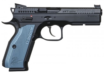 Picture of CZ Shadow 2, Double Action/Single Action, Semi-automatic, Metal Frame Pistol, Full Size, 9MM, 4.89" Barrel, Steel, Black, Aluminum Blue Grips, Adjustable Sights, Ambidextrous Safety, 17 Rounds, 3 Magazines 91257
