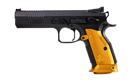 Picture of CZ 75 Tactical Sport 2 Orange, Single Action Only, Semi-automatic, Metal Frame Pistol, Full Size, 9mm, 5.2" Barrel, Steel, Polycoat Finish, Black, Orange Aluminum Grips, Fiber Optic Front/Fixed Rear, Ambidextrous Manual Safety, 17 Rounds, 3 Magazines 91266