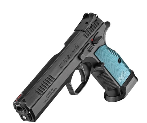 Picture of CZ-USA TS 2 9mm Luger 20+1 5.28" Blued Steel Barrel, Black Serrated Steel Slide, Black Polycoat Steel Frame w/Beavertail, Blue Checkered Aluminum Grip, Ambidextrous 91220