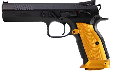 Picture of CZ 75 Tactical Sport 2 Orange, Single Action Only, Semi-automatic, Metal Frame Pistol, Full Size, 40 S&W, 5.2" Barrel, Steel, Polycoat Finish, Black, Orange Aluminum Grips, Fiber Optic Front/Fixed Rear, Ambidextrous Manual Safety, 17 Rounds, 3 Magazines 91265
