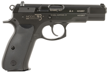 Picture of CZ-USA 01109 75 B 50th Anniversary 9mm Luger 10+1 4.60" Steel Barrel, Black Serrated Steel Slide Engraved w/50th Anniversary, Black Polycoat Steel Frame w/Beavertail, Black Plastic Grip