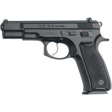 Picture of CZ 75 B, Double Action/Single Action, Semi-automatic, Metal Frame Pistol, Full Size, 9MM, 4.6" Cold Hammer Forged Barrel, Steel, Black, Plastic Grips, Fixed Sights, 16 Rounds, 2 Magazines 91102