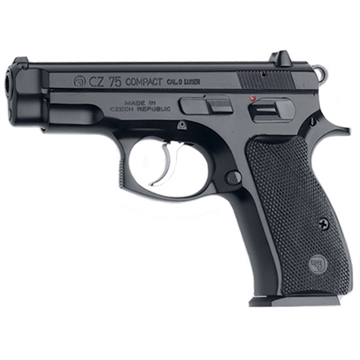 Picture of CZ 75 Compact, Double Action/Single Action, Semi-automatic, Metal Frame Pistol, Compact, 9MM, 3.75" Cold Hammer Forged Barrel, Black, Plastic Grips, Fixed Sights, 15 Rounds, 2 Magazines 91190