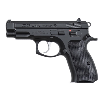 Picture of CZ 75 Compact, Double Action/Single Action, Semi-automatic, Metal Frame Pistol, Compact, 9MM, 3.7" Cold Hammer Forged Barrel, Manual Safety, Matte Finish, Black, Plastic Grips, Fixed Sights, 10 Rounds, 2 Magazines 01190