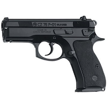 Picture of CZ 75 P-01, Double Action/Single Action, Semi-automatic, Metal Frame Pistol, Compact, 9MM, 3.75" Cold Hammer Forged Barrel, Black, Rubber Grips, Fixed Sights, Decocker, 15 Rounds, 2 Magazines 91199