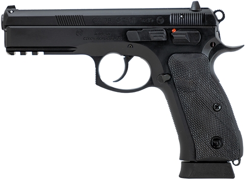 Picture of CZ 75 SP-01, Double Action/Single Action, Semi-automatic, Metal Frame Pistol, Full Size, 9MM, 4.6" Barrel, Steel, Polycoat Finish, Black, Black Rubber Grips, Fixed Sights, Manual Safety, 19 Rounds, 2 Magazine 89352