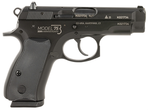 Picture of CZ-USA 91122 CZ 75 Compact 50th Anniversary 9mm Luger 15+1 3.75" Black Steel Barrel & Serrated Slide, Black Polycoat Steel Frame w/Beavertail, Black Plastic Grip, Right Hand