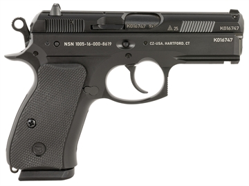 Picture of CZ-USA 91161 P-01 50th Anniversary Compact Frame 9mm Luger 15+1 3.75" Black Steel Barrel, Black Steel Serrated Slide, Black Polycoat Aluminum Frame w/Beavertail, Black Rubber Grip, Right Hand
