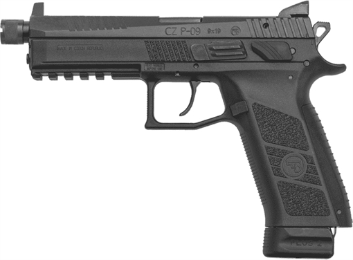 Picture of CZ-USA P-09 9mm Luger 21+1 5.15" Blued Steel Threaded Barrel, Black Nitride Serrated Steel Slide, Black Polymer Frame w/Beavertail & Picatinny Rail, Ambidextrous 89270