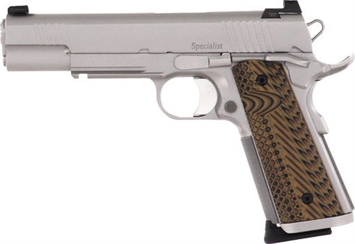 Picture of Dan Wesson Specialist 45 ACP 8+1 5" Stainless Steel Barrel, Bead Blasted Serrated Stainless Steel Slide, Frame w/Beavertail & Picatinny Rail, Black/Brown G10 Grip, Ambidextrous 01802