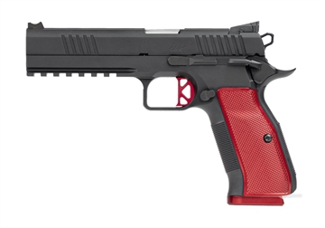 Picture of Dan Wesson DWX 9mm Luger 19+1, 4.95" Black Steel Barrel, Black Duty Serrated Stainless Steel Slide, Black Steel Frame w/Beavertail & Picatinny Rail, Red Checkered Aluminum Grip Ambidextrous 92001