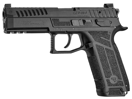 Picture of CZ P-09F Nocturne, Semi-automatic, Double Action/Single Action, Polymer Frame Pistol, Full Size, 9MM, 4.53" Barrel, Matte Finish, Black, Optics Ready Slide, Holosun K and RMS Footprint, Contrast Luminescent 3 Dot Sights, Manual Safety with Interchangeable Decocker, 19 Rounds, 2 Magazines 91670