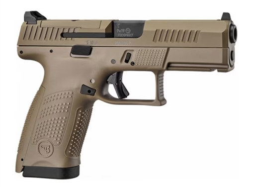 Picture of CZ-USA P-10 C Compact Frame 9mm Luger 15+1 4.02" Black Stainless Steel Barrel, Black Nitride Serrated Steel Slide, Flat Dark Earth Polymer Frame w/Picatinny Rail, Interchangeable Backstrap Grip 91577