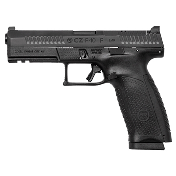 Picture of CZ P-10 F, Striker Fired, Semi-automatic, Polymer Frame Pistol, Full Size, 9MM, 4.5" Barrel, Nitride Slide Finish, Black, 3 Interchangeable Backstraps, Fixed Sights, Optics Ready, Integrated Trigger Safety, 19 Rounds, 2 Magazine, Reversible Magazine Catch 91550
