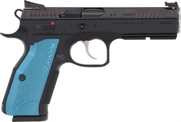 Picture of CZ Custom Shadow 2 ACCU, 2023X, Double Action/Single Action, Semi-automatic, Metal Frame Pistol, 9MM, 4.89" Barrel, CZ Custom ACCU Bushing, Polycoat Finish, Black, Blue Aluminum Grips, Adjustable Rear Sight & Fiber Optic Front, 17 Rounds, 2 Magazines 91044
