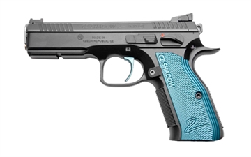 Picture of CZ Custom Shadow 2 ACCU, 2023X, Single Action Only, Semi-automatic, Metal Frame Pistol, 9MM, 4.89" Barrel, CZ Custom ACCU Bushing, Polycoat Finish, Black, Adjustable Rear Sight & Fiber Optic Front, Blue Aluminum Grips, 17 Rounds, 2 Magazines 91039
