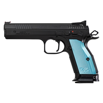 Picture of CZ 75 Tactical Sport 2, Single Action Only, Semi-automatic, Metal Frame Pistol, Full Size, 40 S&W, 5.23" Barrel, Steel, Polycoat Finish, Black, Blue Aluminum Grips, Fiber Optic Front/Fixed Rear, Ambidextrous Manual Safety, 17 Rounds, 3 Magazines 91222