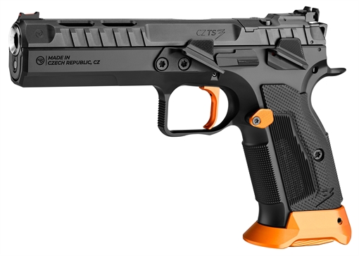 Picture of CZ USA CZ TS 3 ORANGE 9MM 5.2IN BULL BARREL 20RD BLACK MS OR STEEL FRAME FO FRONT/ADJ REAR SIGHT SA ONLY G10 GRIPS 91233 91233