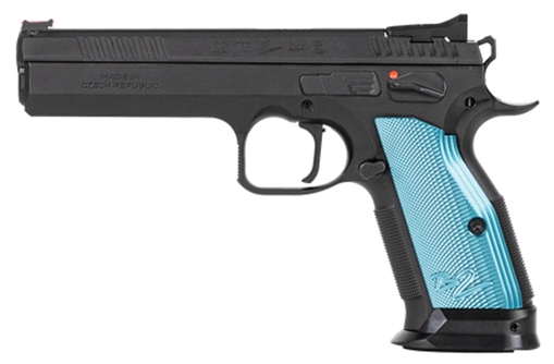 Picture of CZ-USA TS 2 9mm Luger 10+1 5.28" Black Steel Barrel, Black Nitride Serrated Slide, Black Steel Frame w/Beavertail, Blue Textured Aluminum Grip 01220