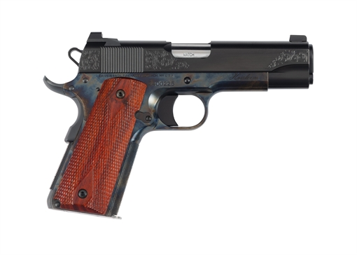 Picture of Dan Wesson Heirloom, Semi-automatic, 1911, Commander Size, 45 ACP, Carbon Steel Frame, Color Case Finish, 4.25" Barrel, Blued Slide with Engraving, Cocobolo Wood Grip Panels, Brass Bead Front Sight, U-notch Rear Sight, 8 Rounds, 2 Magazines 01779