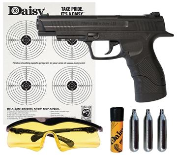 Picture of Daisy 415 Powerline Kit CO2 177 BB 21+1 495 fps, Black Polymer Frame with Pic. Rail, Fiber Optic Sight, Includes Ammo/Target/Glasses/CO2 Cartridges 985415242
