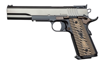 Picture of Dan Wesson Kodiak 10mm Auto Caliber with 6.03" Bull Barrel, 8+1 Capacity, Tri-Tone Black Finish Picatinny Rail & Beavertail Frame, Serrated Matte Gray Slide & Brown G10 Grip 01852