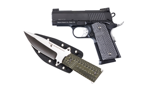 Picture of Magnum Research 1911U, Undercover, 1911, Semi-automatic, Aluminum Frame Pistol, Officer Size, 45 ACP, 3" Barrel, Steel Slide, Black, G10 Grips, Adjustable Rear Sight, 6 Rounds, 2 Magazines, Includes 1911 Knife and Sheath DE1911U-K
