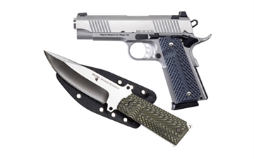 Picture of Magnum Research 1911C, 1911, Semi-automatic, Metal Frame Pistol, Commander Size, 45 ACP, 4.33" Barrel, Steel, Stainless Steel Finish, G10 Grips, Fixed Sights, 8 Rounds, 2 Magazines, Includes 1911 Knife and Sheath DE1911CSS-K