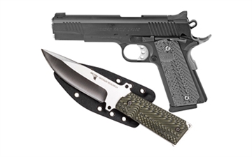 Picture of Magnum Research 1911G, 1911, Semi-automatic, Metal Frame Pistol, Full Size, 45 ACP, 5" Barrel, Steel, Black, G10 Grips, Fixed Sights, 8 Rounds, 2 Magazines, Includes 1911 Knife and Sheath DE1911G-K
