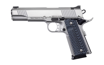 Picture of Magnum Research Desert Eagle 1911 G 45 ACP 8+1, 5.01" Stainless Steel Bull Barrel, Matte Stainless Steel Serrated Slide & Frame w/Beavertail, Black/Gray G10 Grip, Grip Safety, Right Hand DE1911GSS