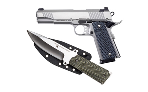 Picture of Magnum Research 1911G, 1911, Semi-automatic, Metal Frame Pistol, Full Size, 45 ACP, 5" Barrel, Steel, Stainless Steel Finish, G10 Grips, Fixed Sights, 8 Rounds, 2 Magazines, Includes 1911 Knife and Sheath DE1911GSS-K