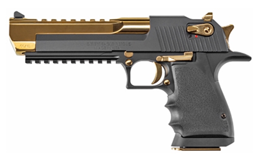 Picture of Magnum Research Desert Eagle, L6, Single Action, Semi-automatic, Metal Frame Pistol, Full Size, 50 Action Express, 6" Barrel, Aluminum, Black and Gold, Rubber Grips, Fixed Sights, Ambidextrous Thumb Safety, 7 Rounds, 1 Magazine, Ambidextrous DE50BATG