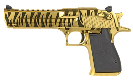 Picture of Magnum Research Desert Eagle, MK19, Single Action, Semi-automatic, Metal Frame Pistol, Full Size, 357 Magnum, 6" Barrel, Steel, Titanium Gold with Tiger Stripes, Plastic Grip, Fixed Sights, Ambidextrous Thumb Safety, 9 Rounds, 70.2oz, 1 Magazine, Ambidextrous DE357TG-TS