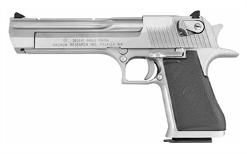 Picture of Magnum Research Desert Eagle, MK19, Single Action, Semi-automatic, Metal Frame Pistol, Full Size, 44 Magnum, 6" Barrel, Steel, Brushed Finish, Silver, Rubber Grips, Fixed Sights, Ambidextrous Thumb Safety, 8 Rounds, 1 Magazine, Ambidextrous, California Compliant DE44CABC