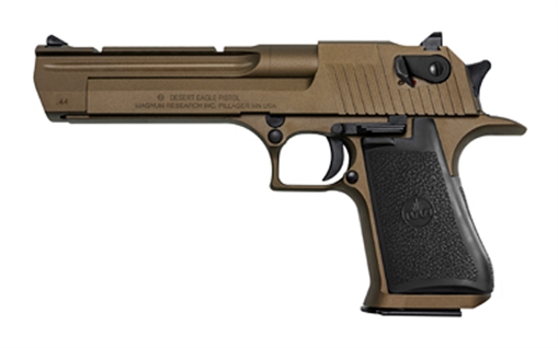 Picture of Magnum Research Desert Eagle, MK19, Single Action, Semi-automatic, Metal Frame Pistol, Full Size, 44 Magnum, 6" Barrel, Steel, Burnt Bronze, Rubber Grips, Fixed Sights, Ambidextrous Thumb Safety, 8 Rounds, 1 Magazine, Ambidextrous, California Compliant DE44CABB