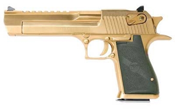 Picture of Magnum Research Desert Eagle, MK19, Single Action, Semi-automatic, Metal Frame Pistol, Full Size, 44 Magnum, 6" Barrel, Steel, Titanium Gold, Plastic Grips, Fixed Sights, Ambidextrous Thumb Safety, 8 Rounds, 1 Magazine, Ambidextrous DE44TG