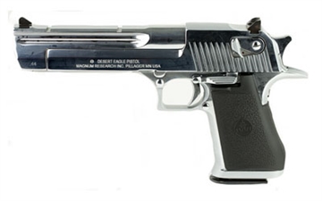 Picture of Magnum Research Desert Eagle, MK19, Single Action, Semi-automatic, Metal Frame Pistol, Full Size, 44 Magnum, 6" Barrel, Steel, Polished Chrome Finish, Silver, Rubber Grips, Fixed Sights, Ambidextrous Thumb Safety, 8 Rounds, 1 Magazine, Ambidextrous, California Compliant DE44CAPC