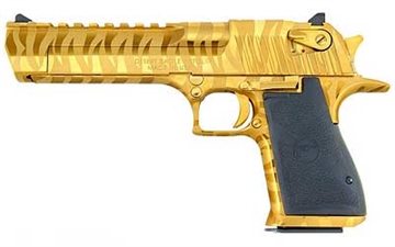 Picture of Magnum Research Desert Eagle, Single Action, Semi-automatic, Metal Frame Pistol, Full Size, 44 Magnum, 6" Barrel, Steel, Titanium Gold with Tiger Stripes, Plastic Grip, Fixed Sights, Ambidextrous Thumb Safety, 8 Rounds, 1 Magazine, Ambidextrous DE44TG-TS